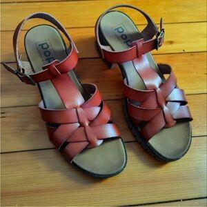Pop Comfort Sandals Women Size 10M Brown Leather Strappy chunky heel in cognac‎